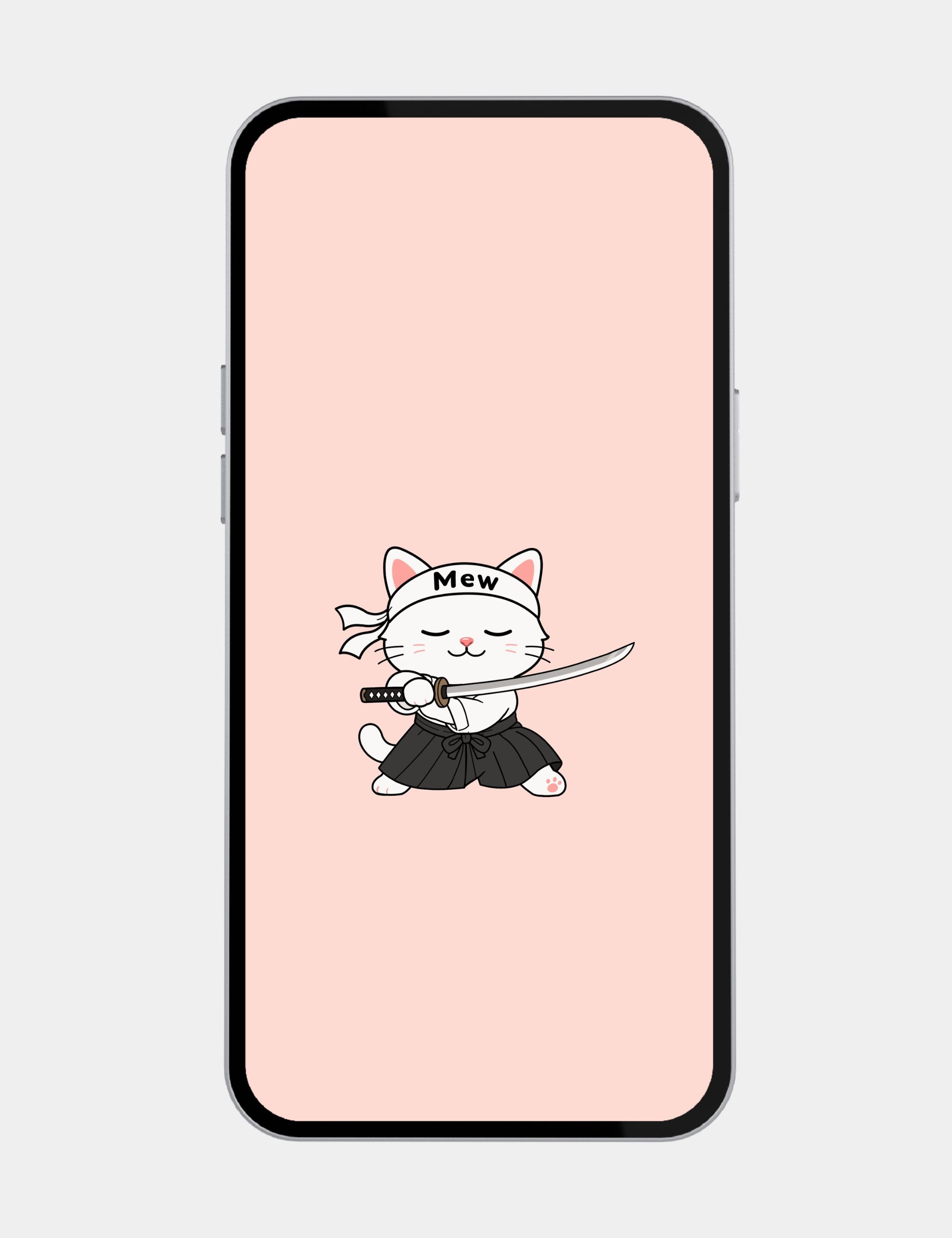 Free pink mobile wallpaper featuring Mewmiwmiw holding a katana in a calm minimalist anime-inspired stance.