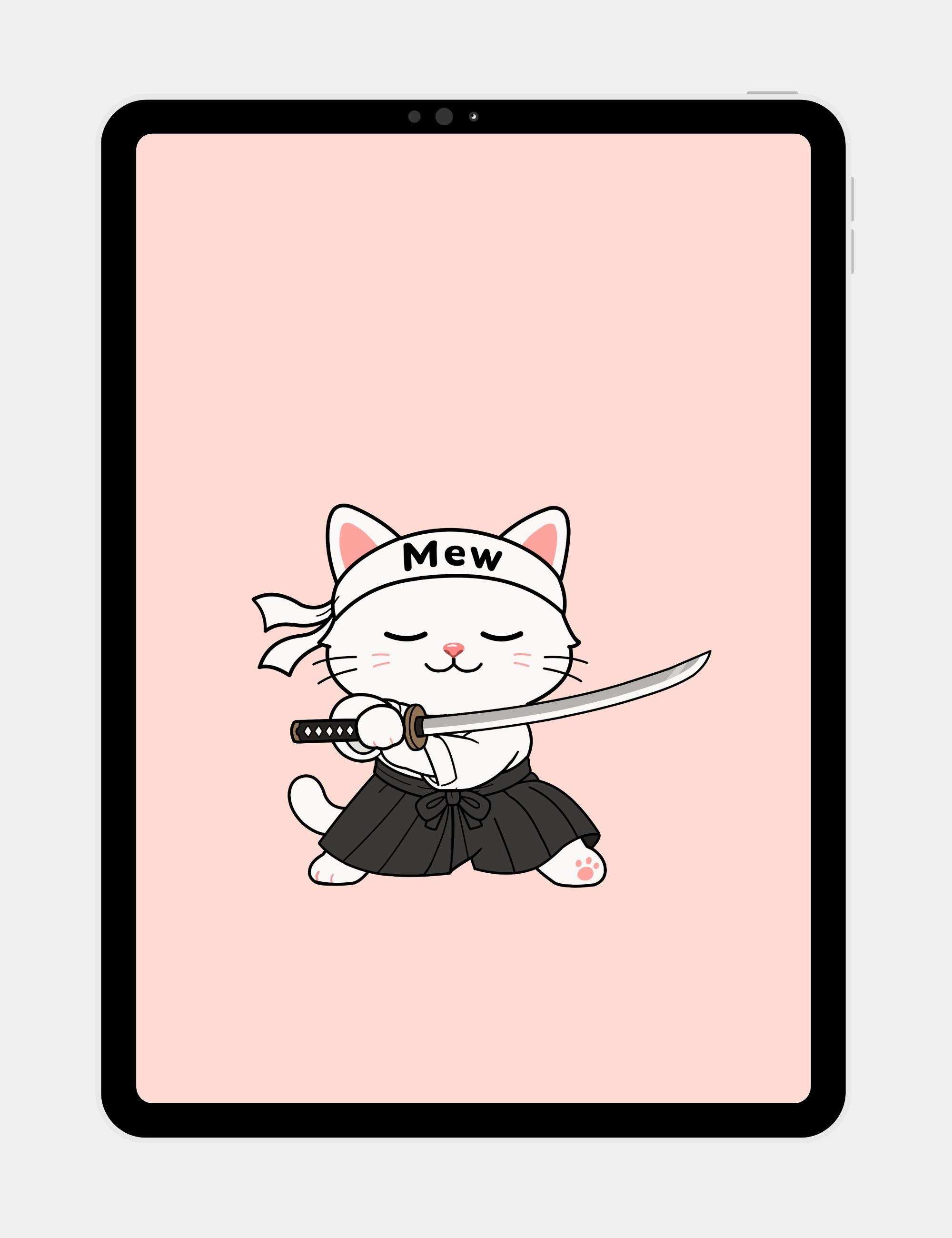 Free pink tablet wallpaper featuring Mewmiwmiw holding a katana in a peaceful anime-inspired pose.