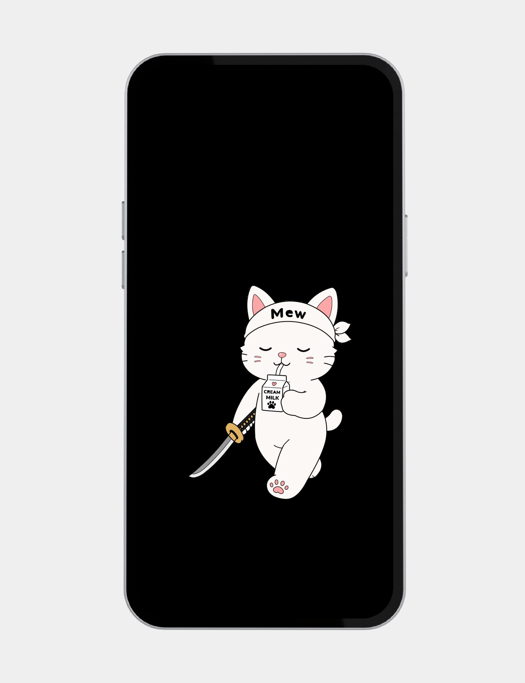 Free black mobile wallpaper featuring Mewmiwmiw walking calmly with a katana while drinking cream milk in a minimalist anime style.