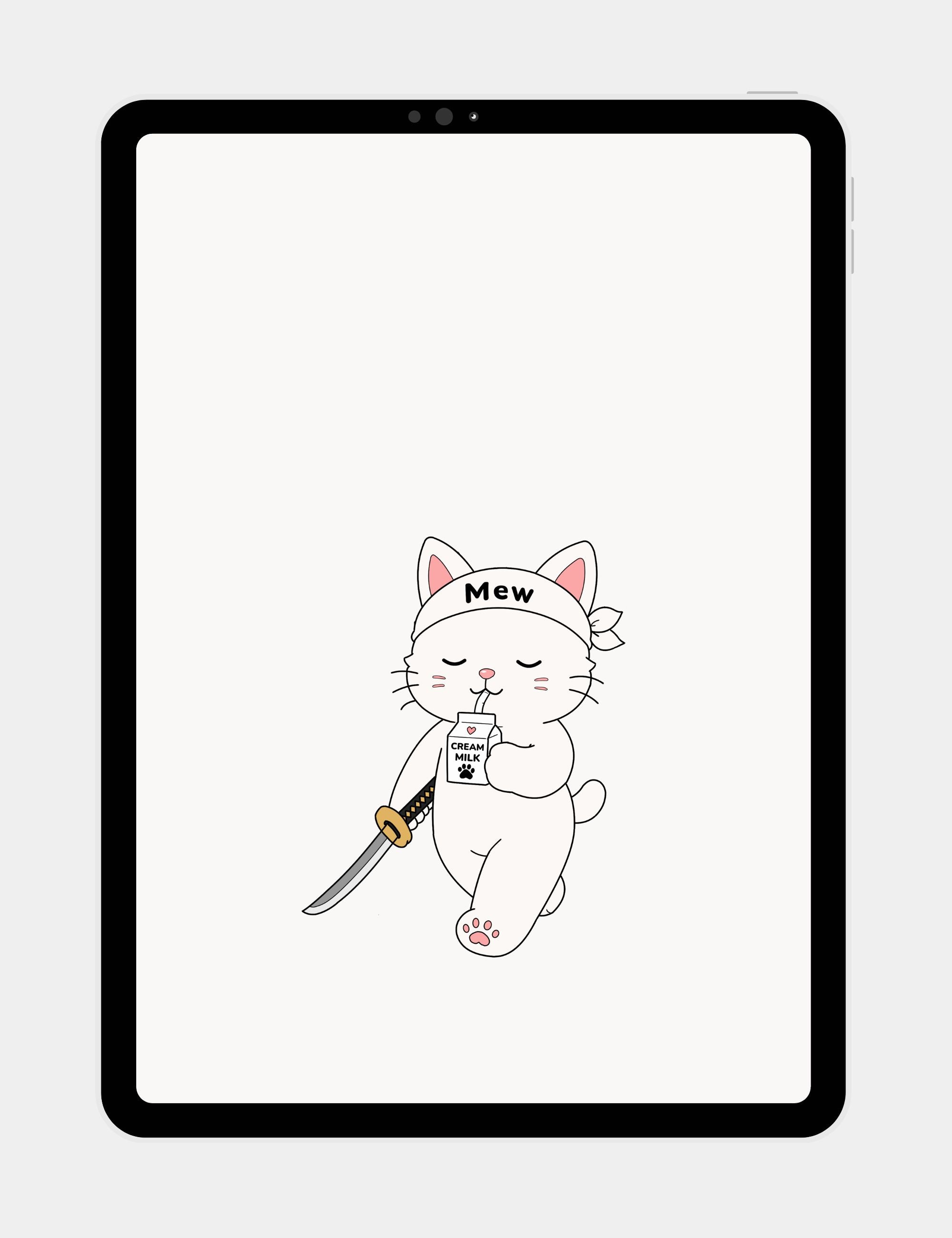 Free cream mobile wallpaper featuring Mewmiwmiw walking calmly with a katana while drinking cream milk in a minimalist kawaii style.
