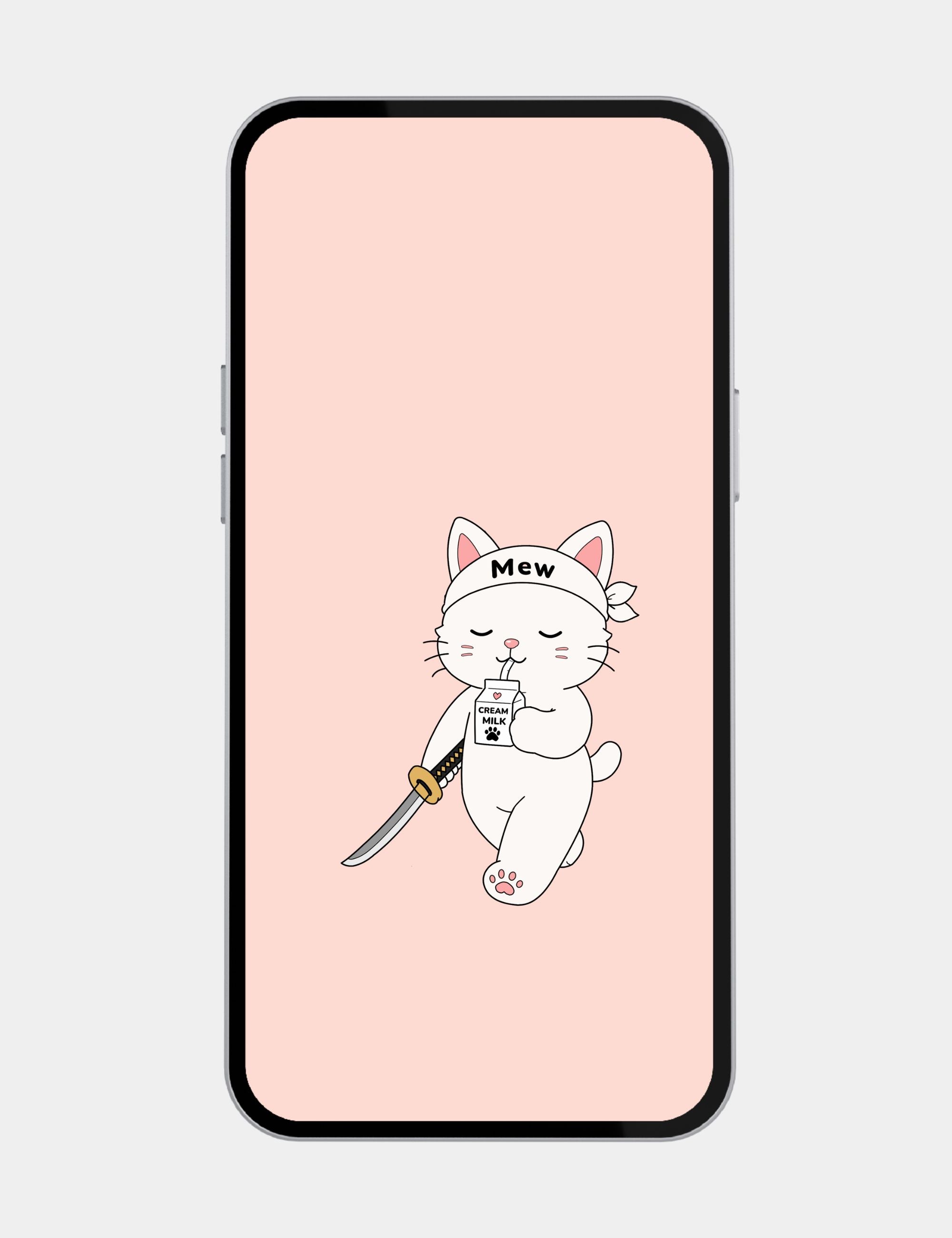 Free pink mobile wallpaper featuring Mewmiwmiw walking calmly with a katana while drinking cream milk in a kawaii anime style.