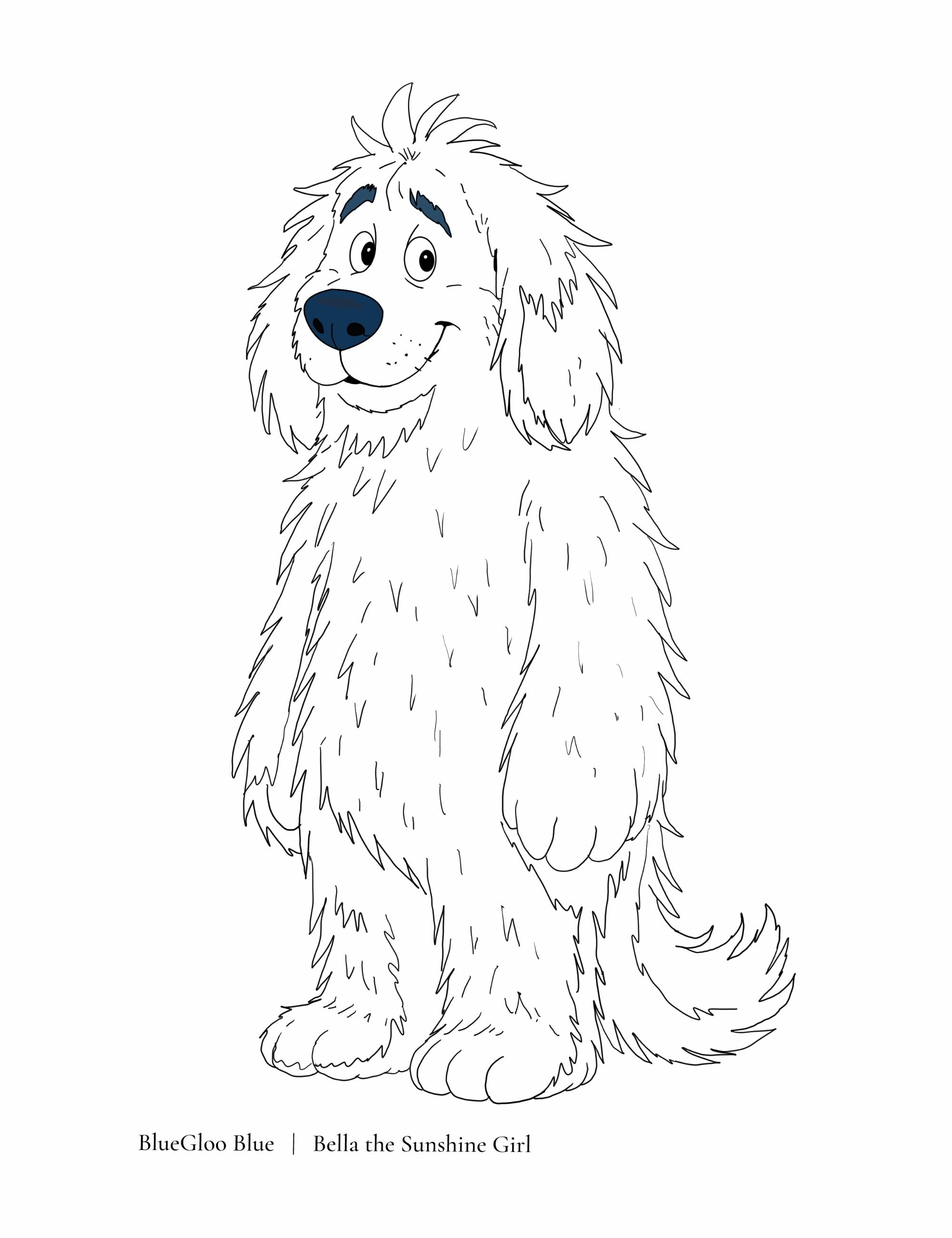 Free printable friendly monster coloring page featuring BlueGloo Blue standing with fluffy fur, long ears, and a gentle expression. Whimsical children’s coloring activity designed for imagination and playful creativity.