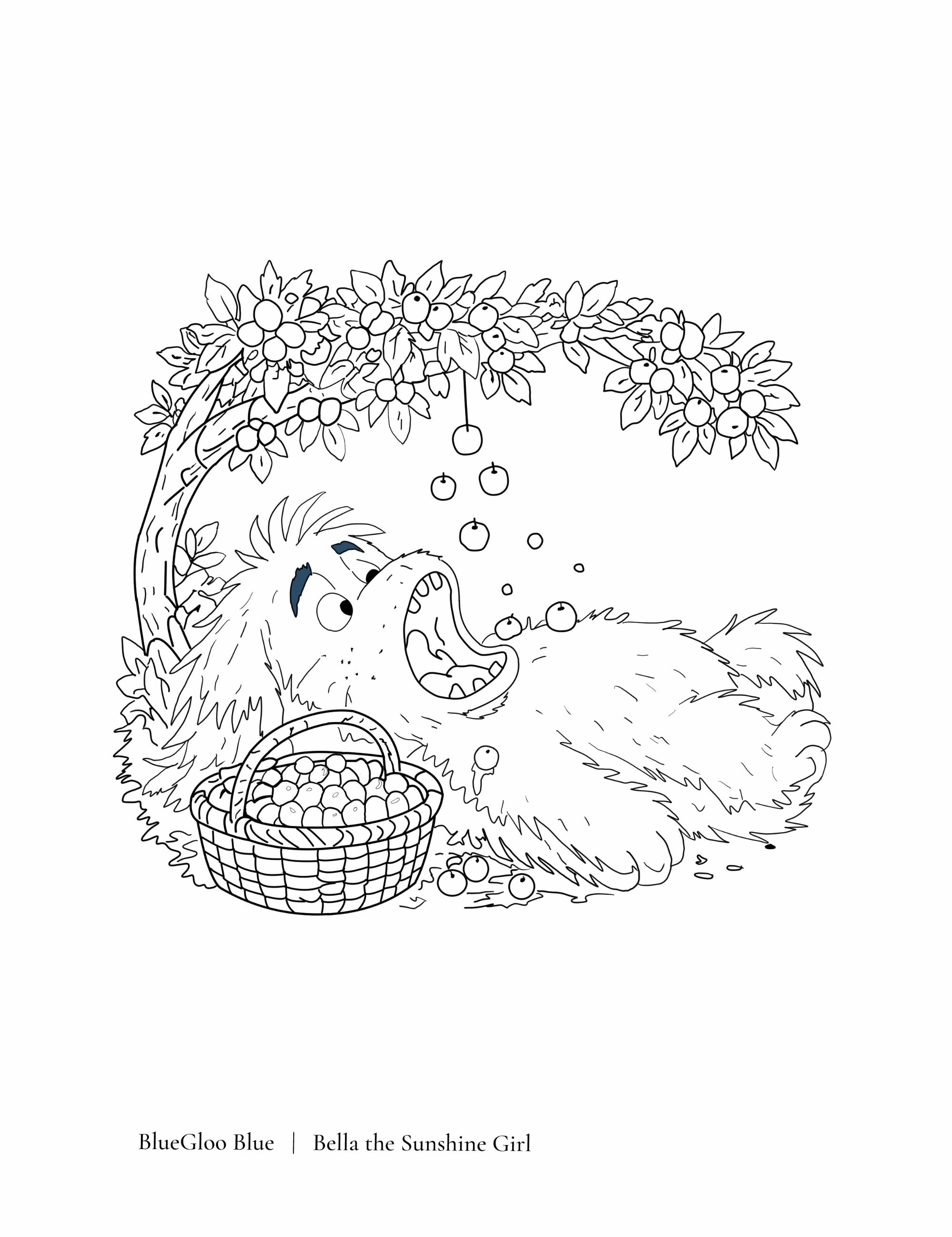 Free printable funny monster coloring page featuring BlueGloo Blue catching falling berries under a fruit tree with a basket nearby. Whimsical children’s coloring activity filled with humor, imagination, and playful storybook fun.