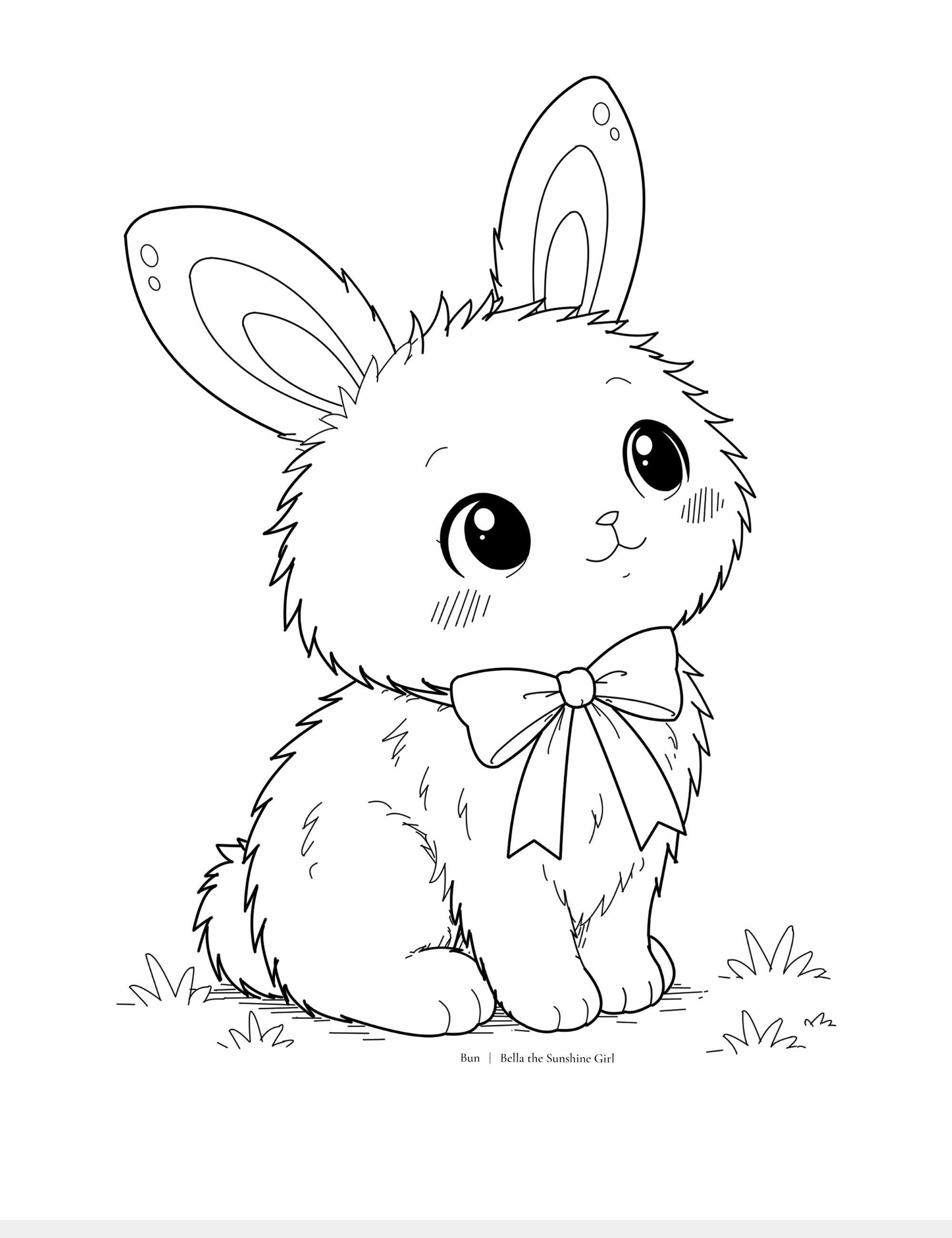 Free printable gentle bunny coloring sheet featuring Bun with fluffy fur, a bow tie, and an upward curious expression. Cozy kawaii coloring activity for children and relaxing creative play.