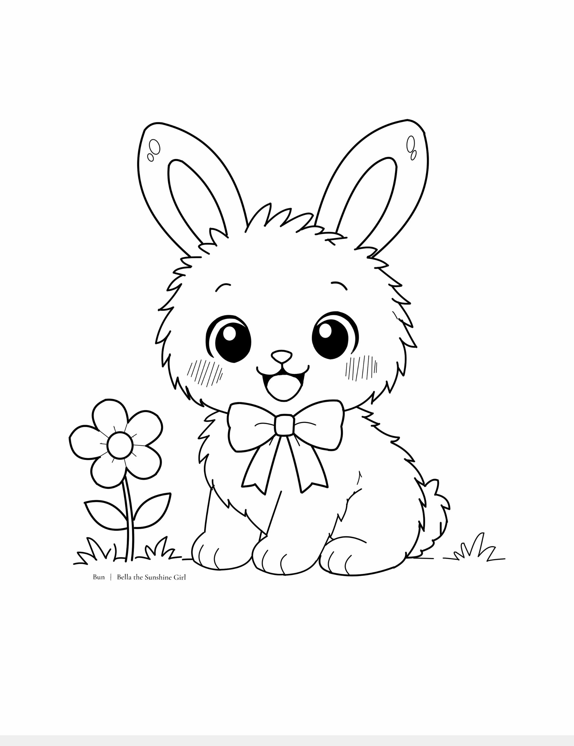 Free printable happy bunny coloring page featuring Bun smiling beside a flower with a bow tie. Cute kawaii children’s coloring activity designed for creativity, joy, and gentle playtime.