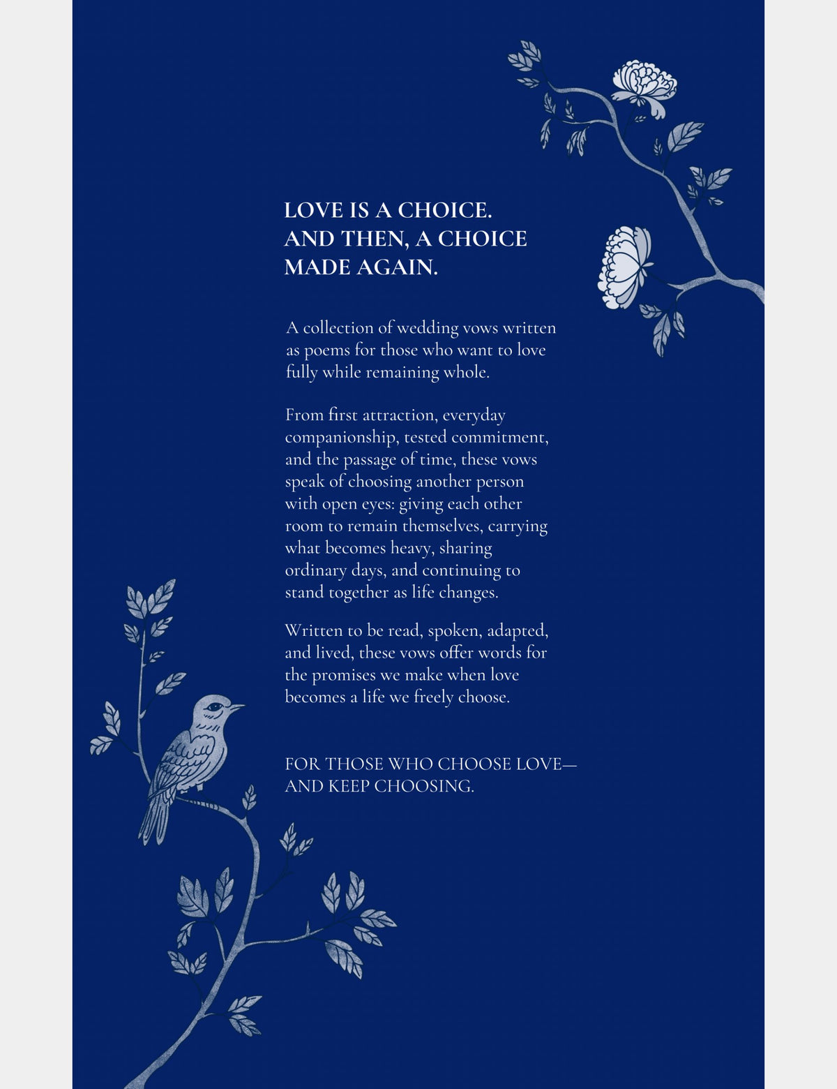 Back cover of I Chose You Without Leaving Myself by Casey Huang, a collection of wedding vows written as poems about choosing love without losing yourself.