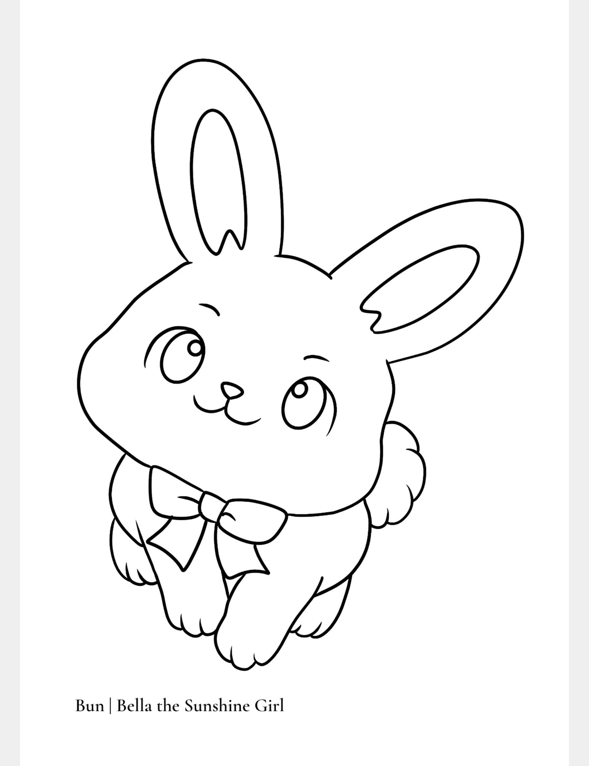 Free Loving Bun bunny coloring page from Bella the Sunshine Girl featuring Bun gazing lovingly upward with a gentle smile and his signature bow.