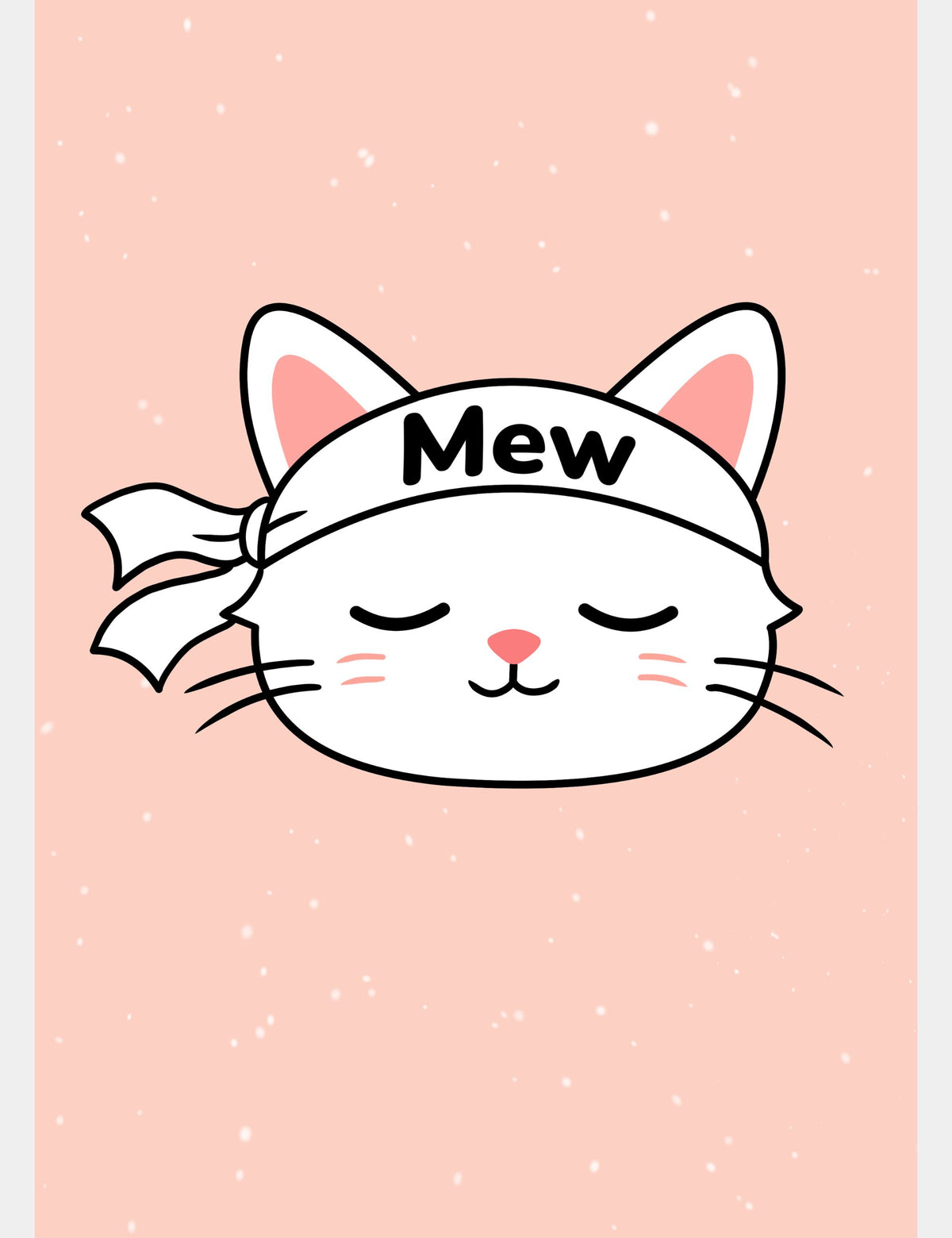 Mew from Mewmiwmiw Takes Back the World with her eyes peacefully closed, wearing her signature Mew headband against a soft pink background with falling white snow.