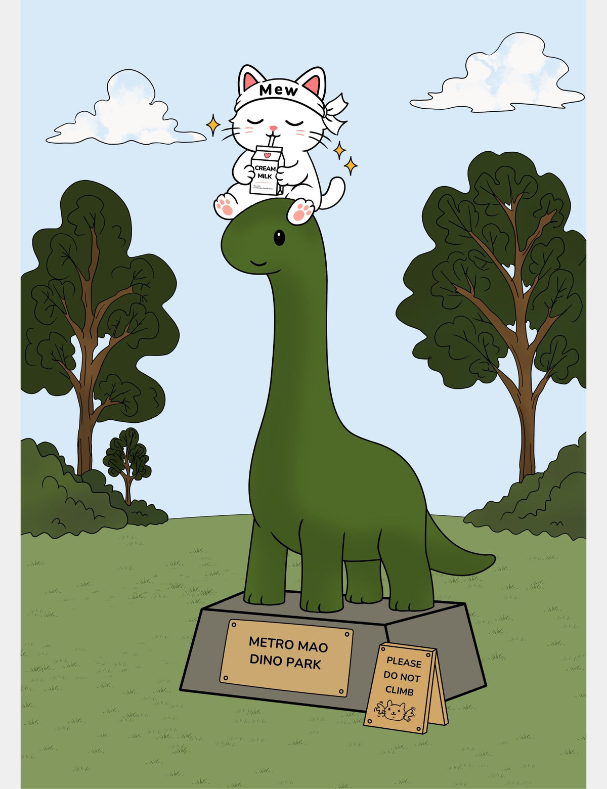 Free A4 printable summer poster featuring Mew from Mewmiwmiw Takes Back the World sitting on top of the green dinosaur statue at Metro Mao Dino Park while drinking Cream Milk.