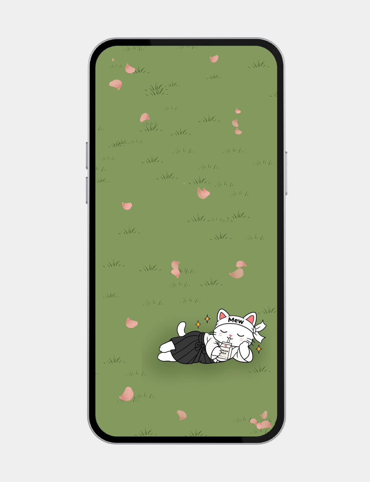 Mew from Mewmiwmiw Takes Back the World relaxing with cream milk near the bottom of a green sakura meadow, leaving open space above for apps and widgets.