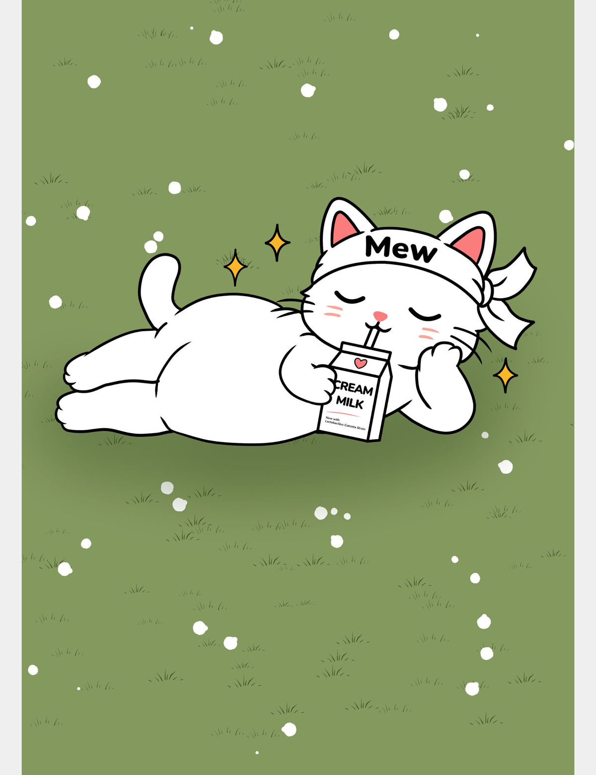Mewmiwmiw Cato lying on green grass with her eyes closed while sipping Cream Milk as the first snow begins to fall around her.