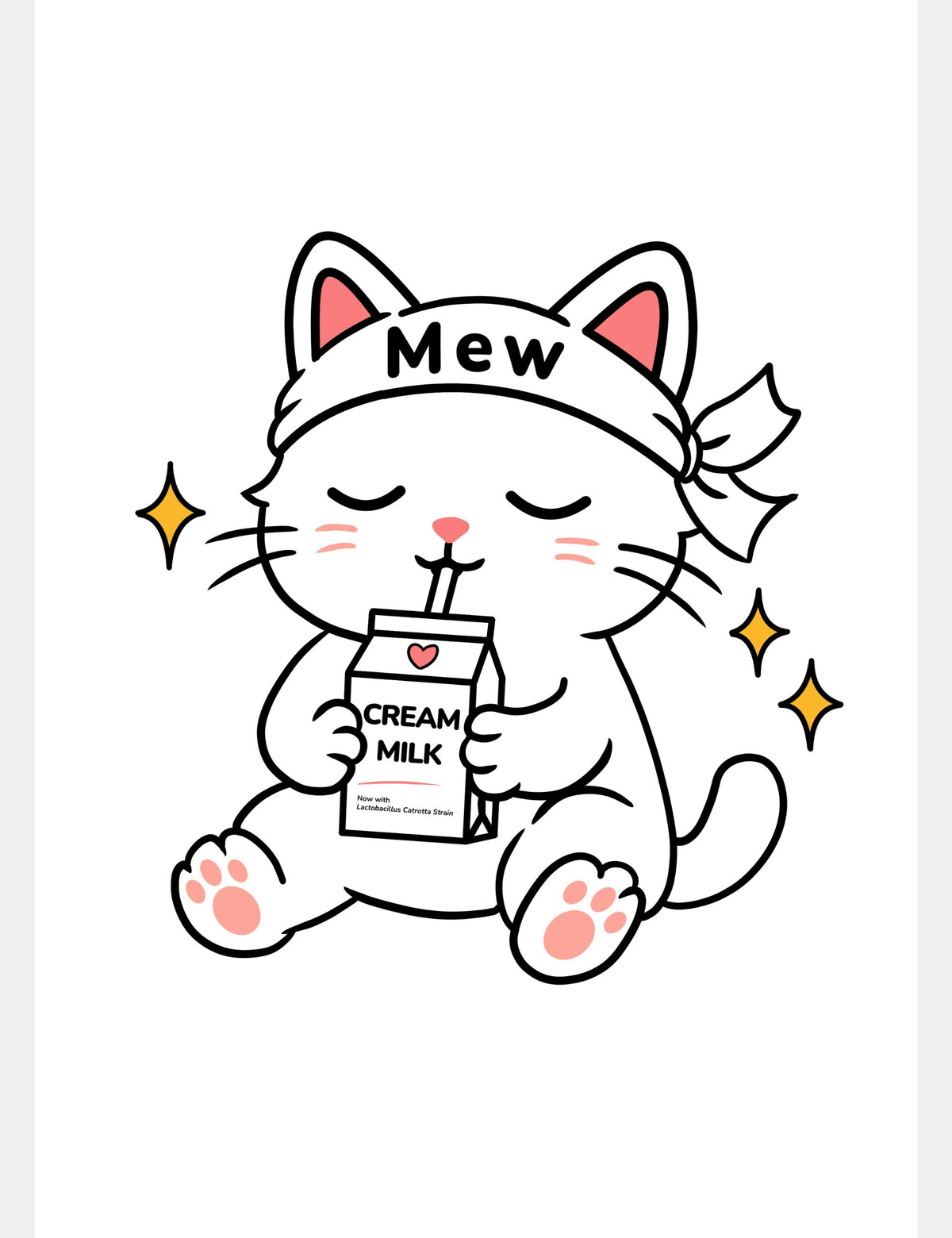 Free A4 printable Mewmiwmiw poster featuring Mew, a white cat wearing her Mew headband, sitting with pink paw pads showing while happily drinking a carton of Cream Milk.