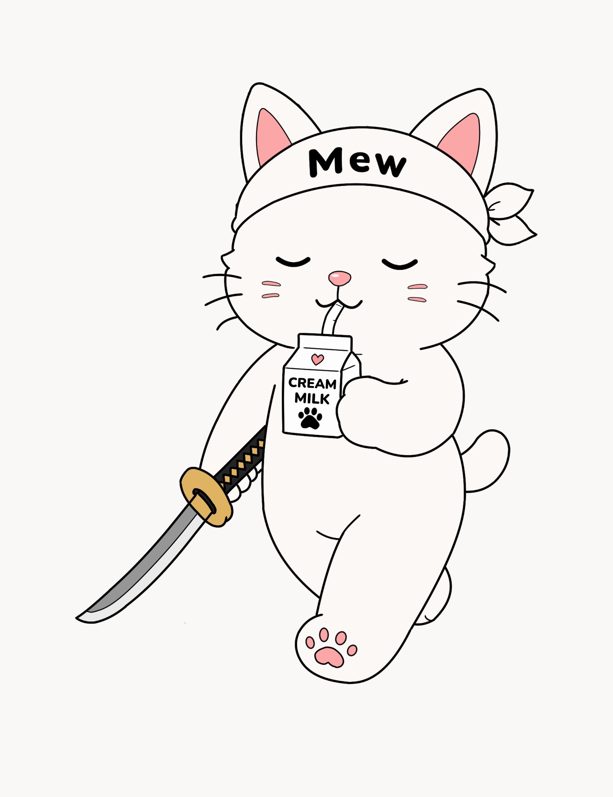 Minimal egg white poster featuring Mewmiwmiw walking calmly with a katana while drinking cream milk inside the world of Metro Mao.