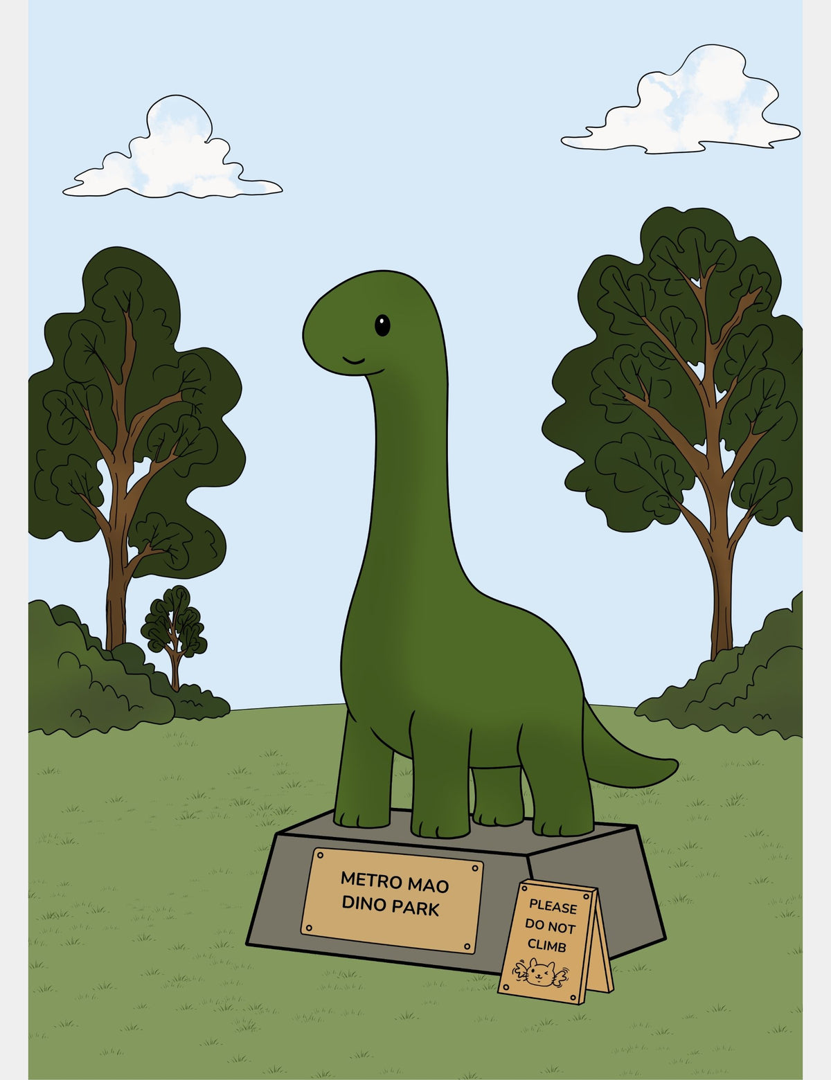 Free A4 printable summer poster from Mewmiwmiw Takes Back the World featuring the green dinosaur statue at Metro Mao Dino Park surrounded by leafy trees, green grass, and a pale blue sky.