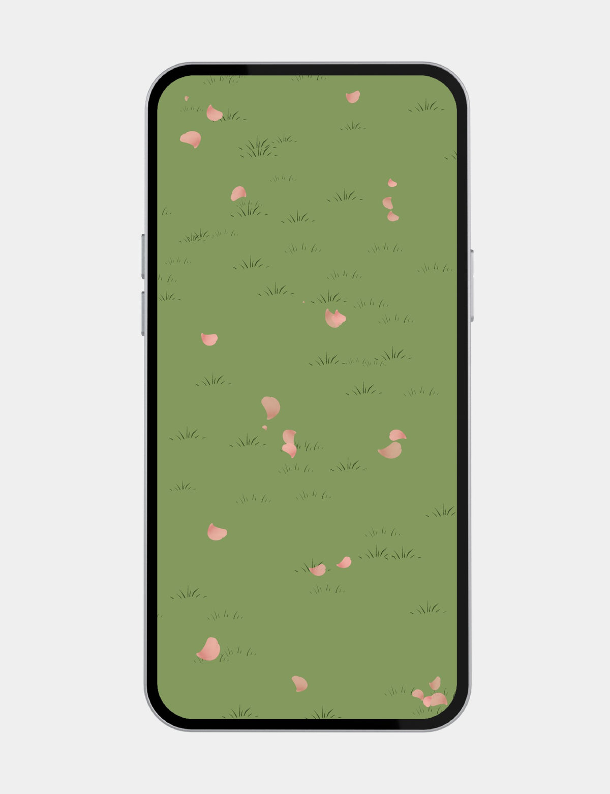Mewmiwmiw Sakura Meadow mobile wallpaper with soft pink cherry blossom petals scattered across a muted green grassy field.