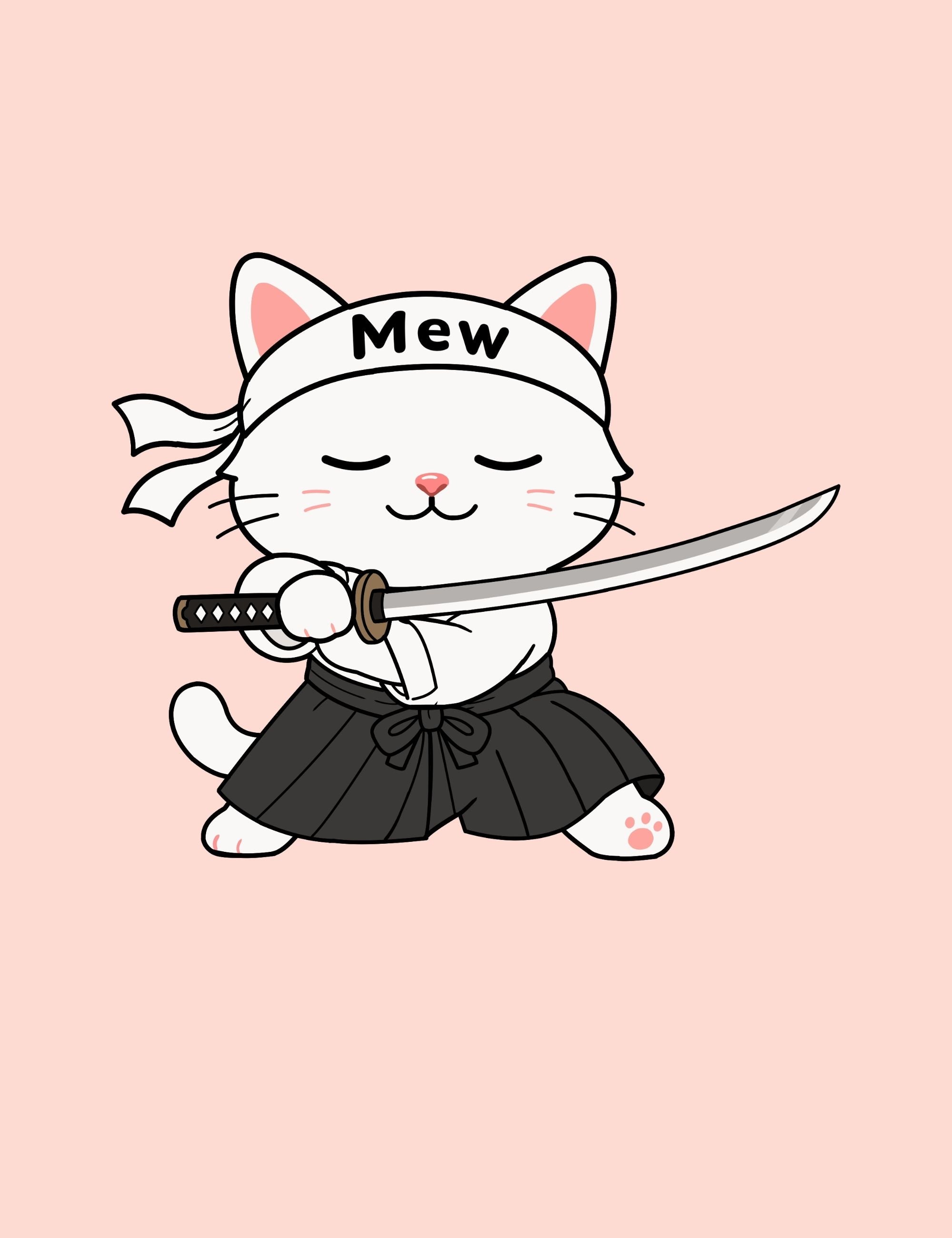 Minimal pastel pink poster featuring Mewmiwmiw holding a katana while wearing traditional combat clothing and a white headband inside the world of Metro Mao.