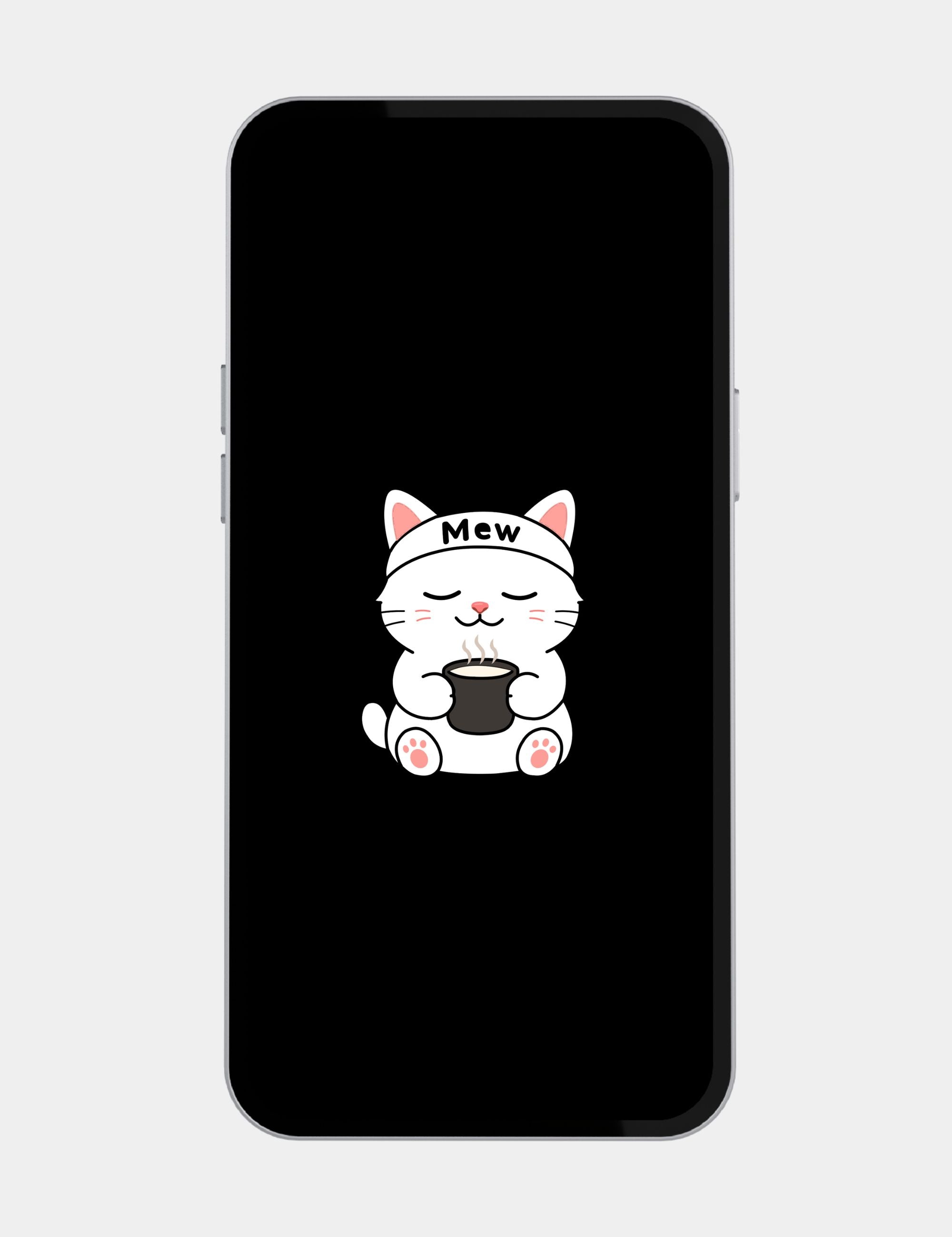 Minimal black mobile wallpaper featuring Mewmiwmiw, a white cat character peacefully holding a warm cup of milk while wearing a headband labeled “Mew.”