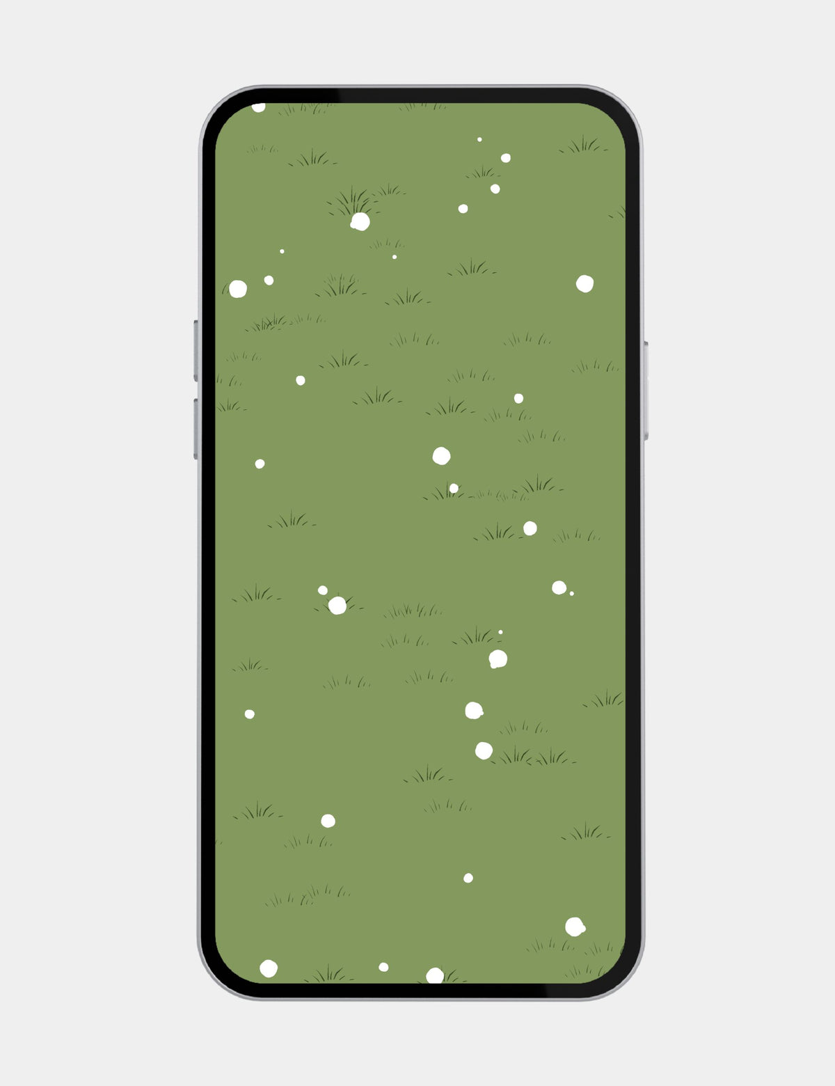 Minimalist Mewmiwmiw winter meadow mobile wallpaper with a muted sage green field, delicate grass tufts, and softly falling white snow.