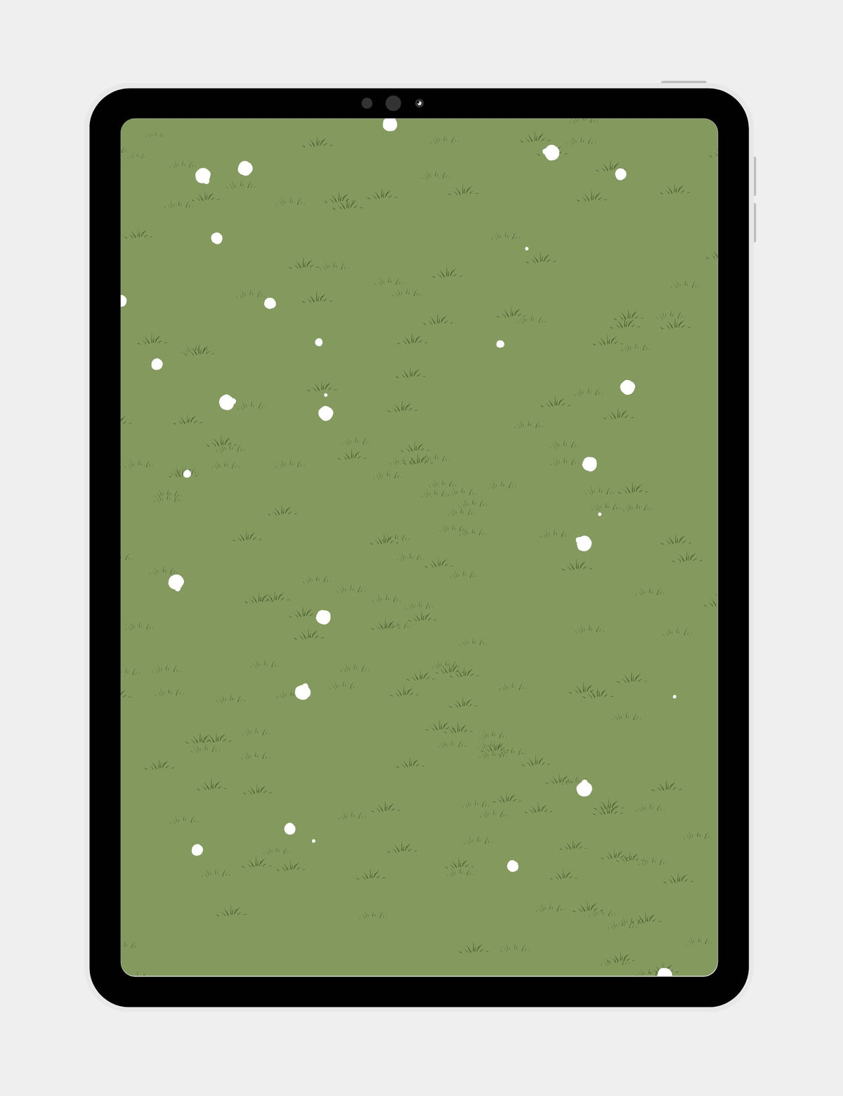 Minimalist Mewmiwmiw winter meadow tablet wallpaper with a muted sage green field, delicate grass tufts, and softly falling white snow.