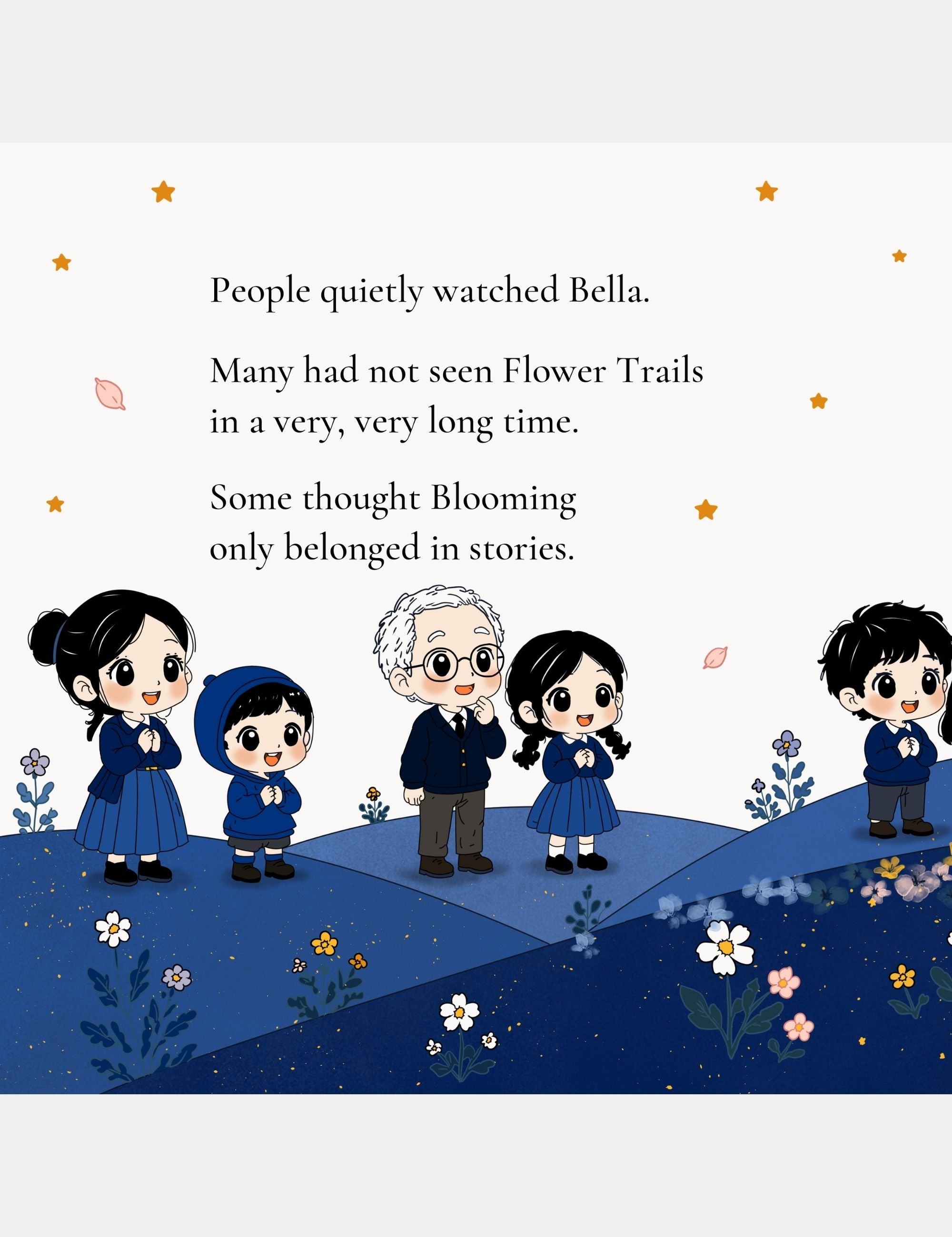 Preview illustration from Bella the Sunshine Girl showing children and families quietly watching Bella as flowers begin blooming again across the blue hills of Big Blue.