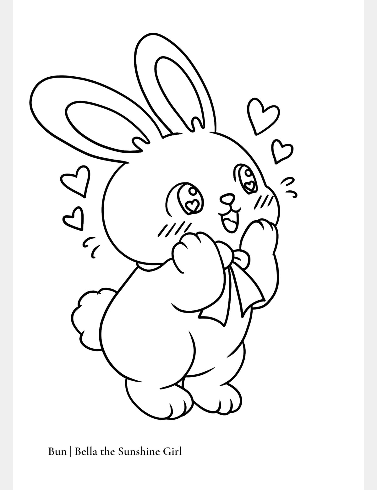 Free Smitten Bun bunny coloring page from Bella the Sunshine Girl featuring Bun with heart-shaped pupils, rosy cheeks, paws held to his face, and floating hearts.