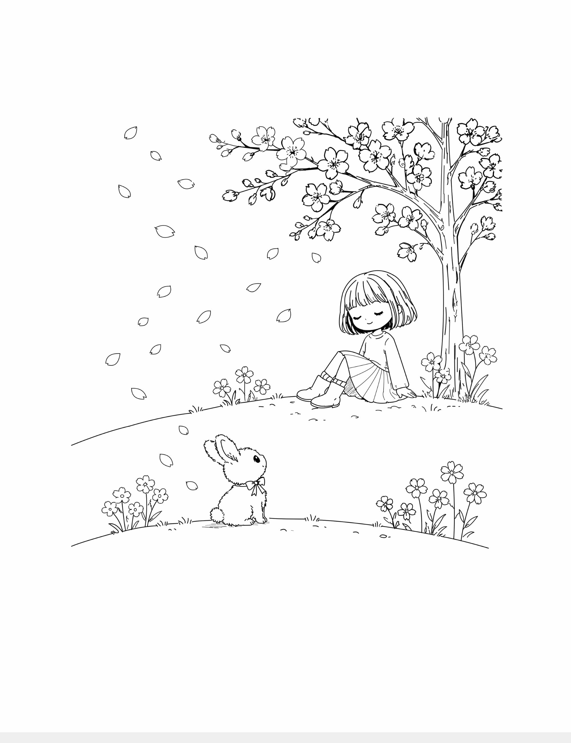 Free printable springtime coloring sheet featuring Bella resting under a blooming tree while Bun the bunny sits nearby surrounded by flowers and falling petals. Gentle storybook coloring activity for children.