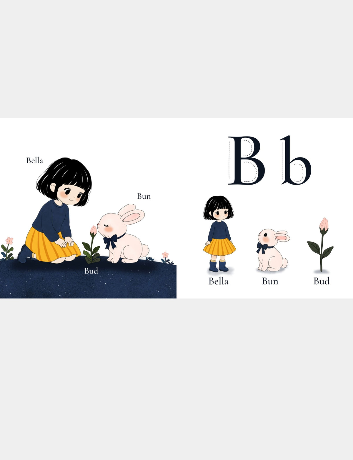 Letter B page from the Bella the Sunshine Girl ABC book by Casey Huang and Still Poetry House, teaching B with Bella, Bun, and a flower bud, plus uppercase B and lowercase b tracing letters for early alphabet learning.