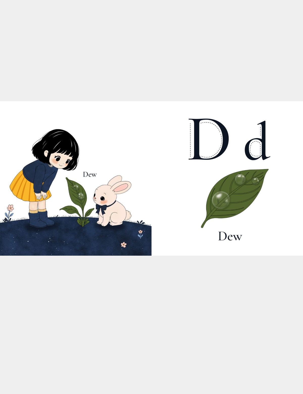 Letter D for Dew page from the Bella the Sunshine Girl ABC book by Casey Huang and Still Poetry House, showing Bella and Bun discovering dew drops on green leaves, with uppercase D and lowercase d tracing letters for early alphabet learning.