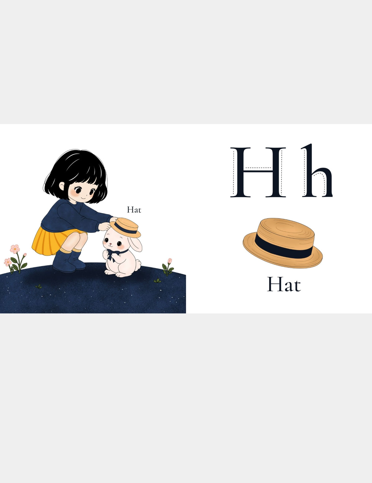 Letter H for Hat page from the Bella the Sunshine Girl ABC book by Casey Huang and Still Poetry House, showing Bella placing a straw hat on Bun with uppercase H and lowercase h tracing letters for early alphabet learning.