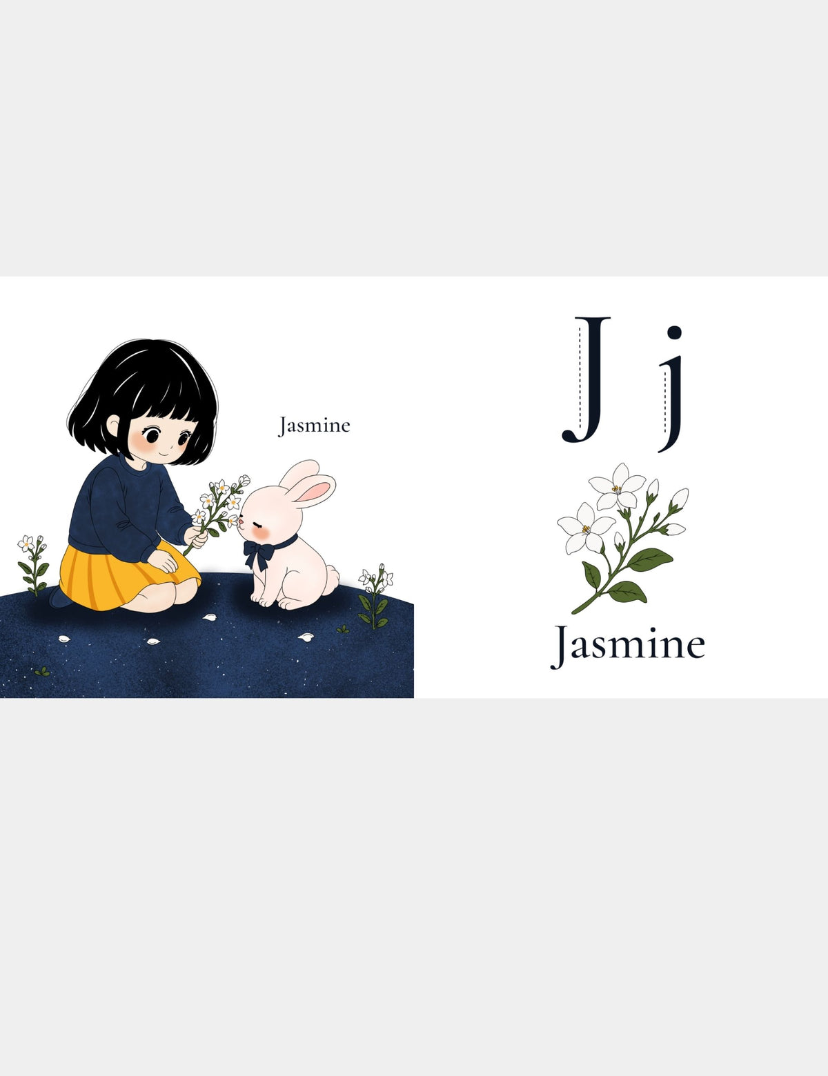 Letter J for Jasmine page from the Bella the Sunshine Girl ABC book by Casey Huang and Still Poetry House, showing Bella offering jasmine flowers to Bun with uppercase J and lowercase j tracing letters for early alphabet learning.