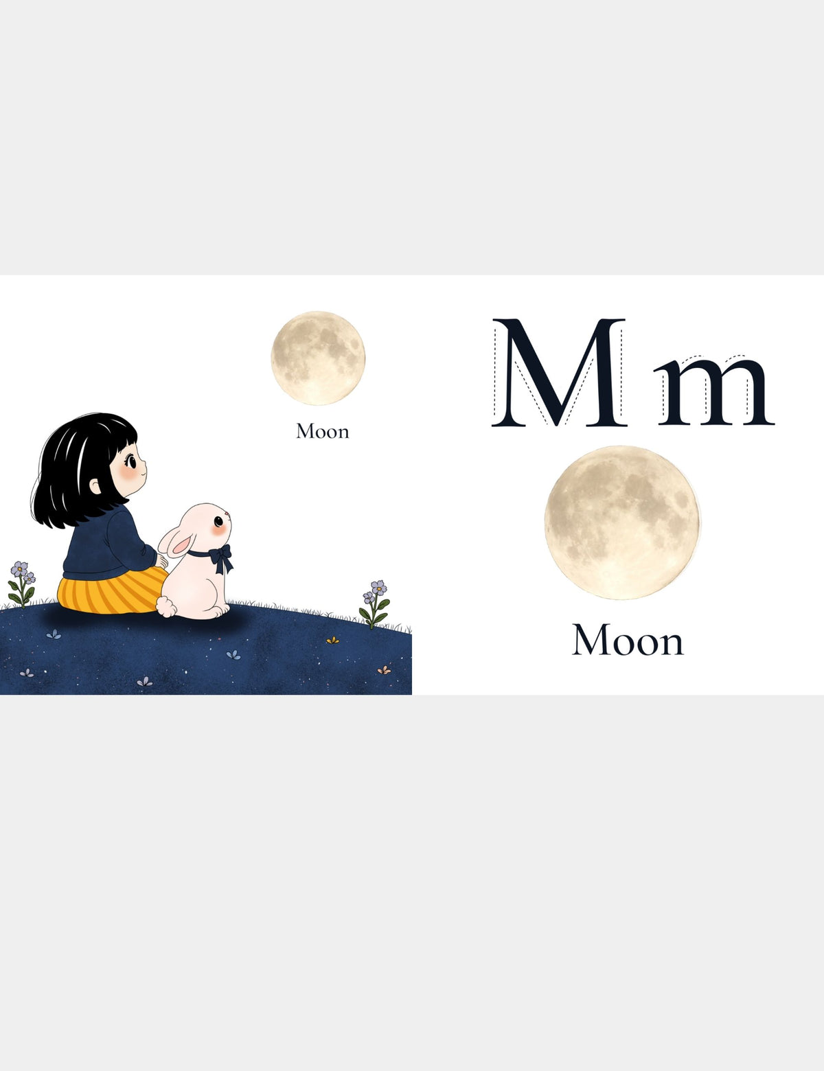 Letter M for Moon page from the Bella the Sunshine Girl ABC book by Casey Huang and Still Poetry House, showing Bella and Bun looking up at the moon with uppercase M and lowercase m tracing letters for early alphabet learning.