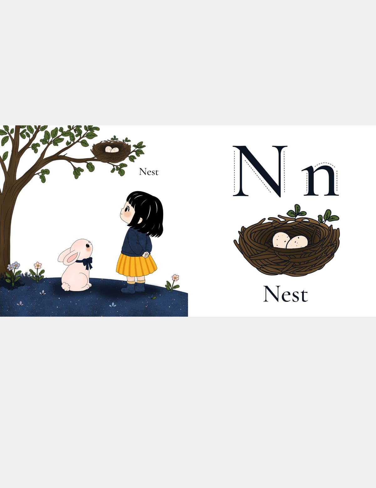 Letter N for Nest page from the Bella the Sunshine Girl ABC book by Casey Huang and Still Poetry House, showing Bella and Bun looking up at a bird’s nest with eggs, plus uppercase N and lowercase n tracing letters for early alphabet learning.