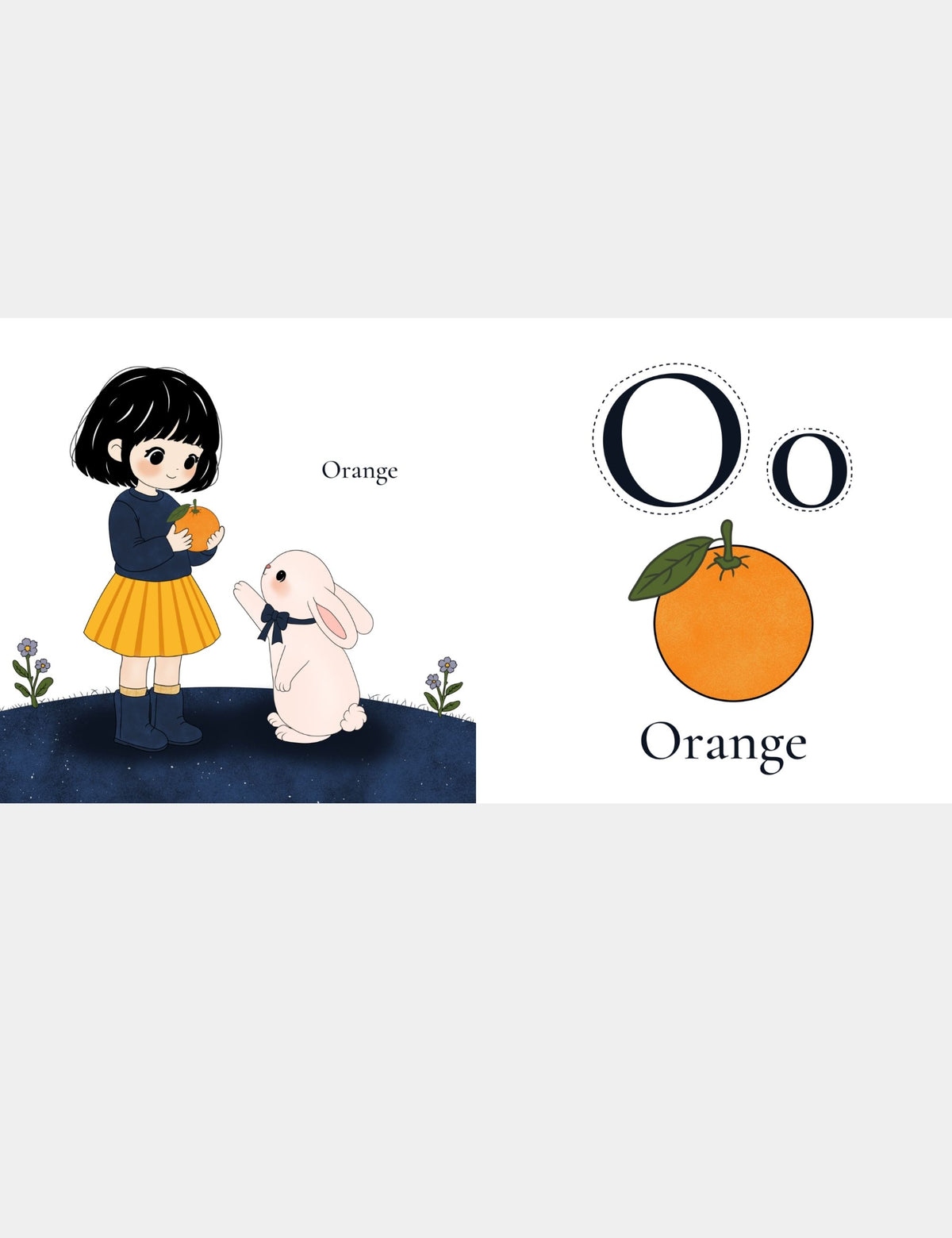 Letter O for Orange page from the Bella the Sunshine Girl ABC book by Casey Huang and Still Poetry House, showing Bella holding an orange while Bun reaches toward it, with uppercase O and lowercase o tracing letters for early alphabet learning.
