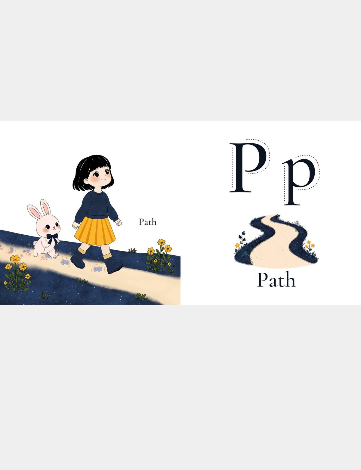 Letter P for Path page from the Bella the Sunshine Girl ABC book by Casey Huang and Still Poetry House, showing Bella and Bun walking along a flower-lined path with uppercase P and lowercase p tracing letters for early alphabet learning.