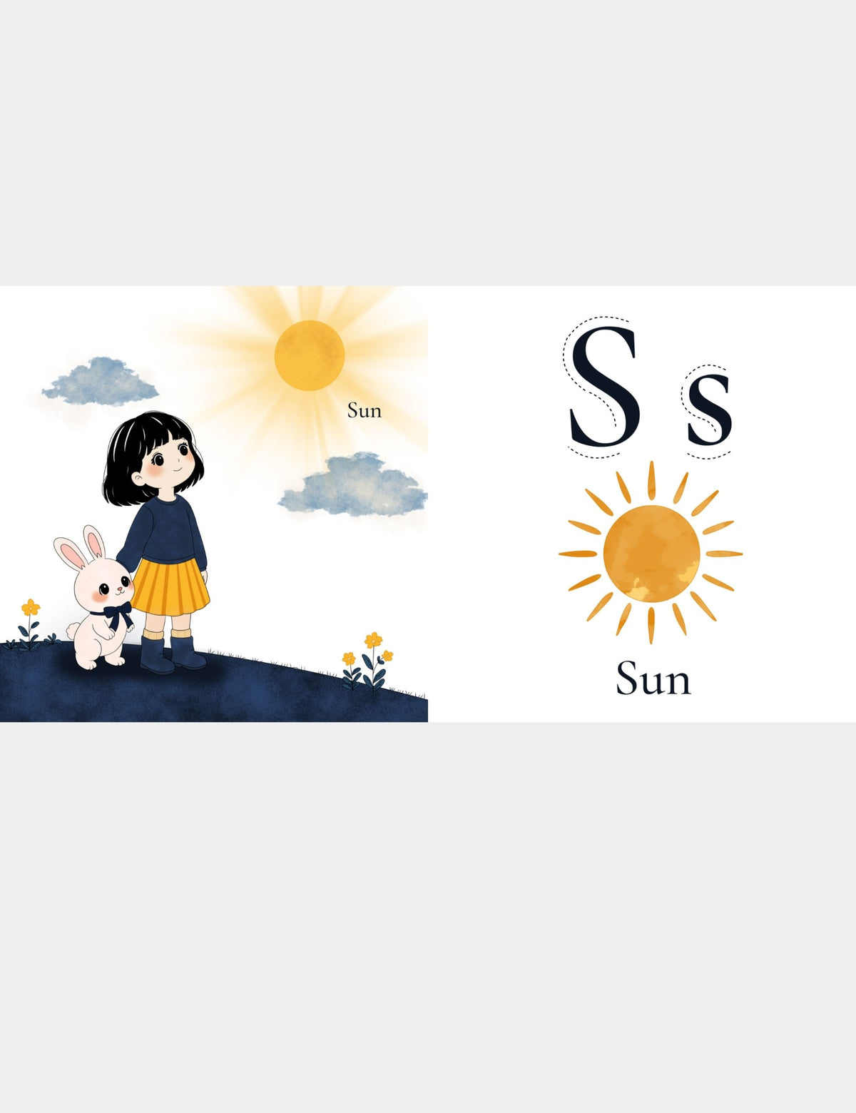 Letter S for Sun page from the Bella the Sunshine Girl ABC book by Casey Huang and Still Poetry House, showing Bella and Bun looking up at a bright sun with uppercase S and lowercase s tracing letters for early alphabet learning.